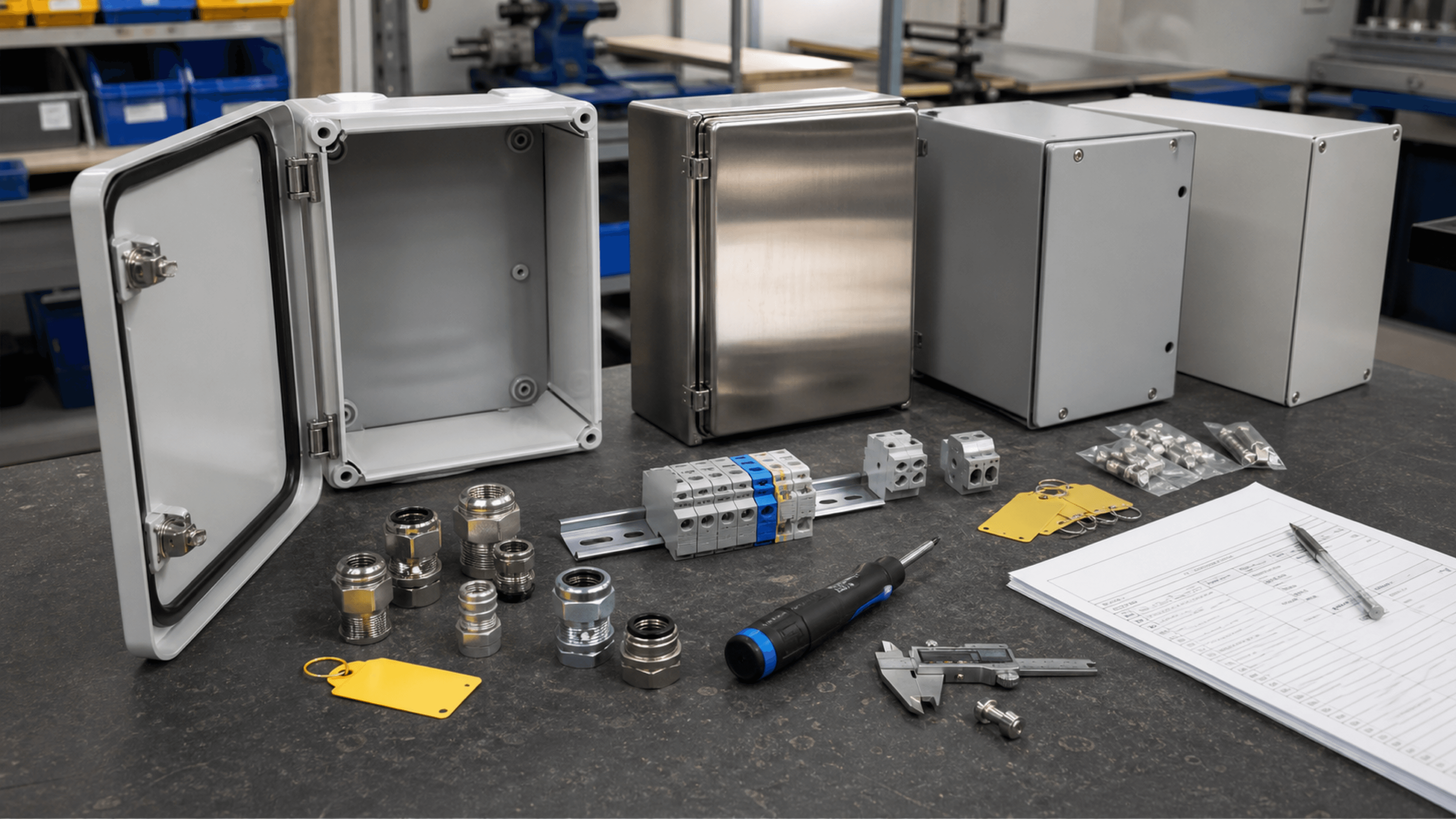 Industrial electrical enclosures, junction boxes, conduit fittings, cable glands, DIN rail, terminal blocks, calipers, torque screwdriver, and RFQ paperwork on a workbench
