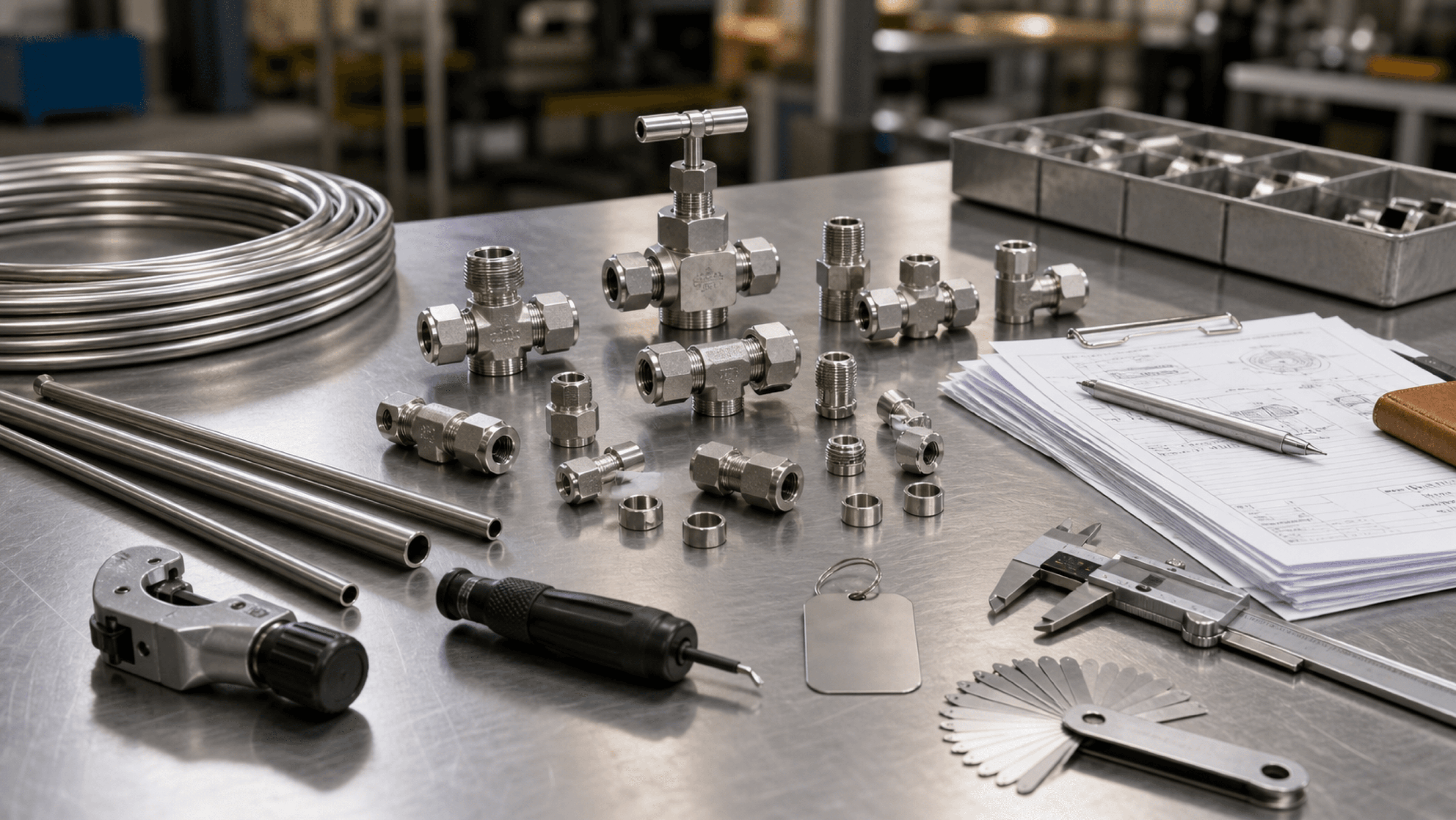 Stainless instrumentation tube fittings, compression nuts and ferrules, small-bore tubing, needle valve, tube cutter, calipers, thread gauge, and RFQ paperwork on an industrial workbench