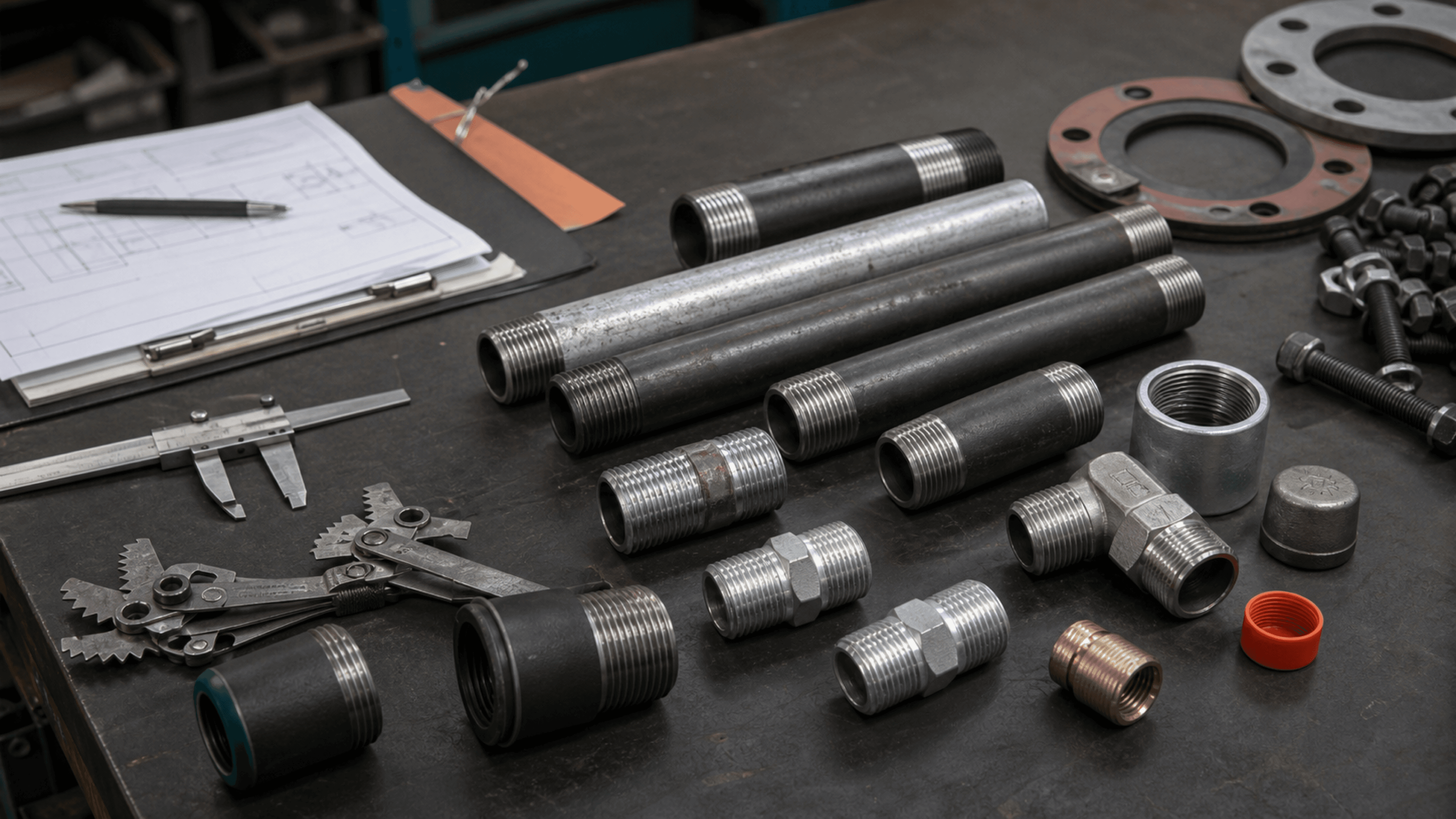 Black steel, galvanized, and stainless threaded pipe nipples, swage nipples, threaded spacers, couplings, calipers, pipe thread gauge, gasket, bolts, and RFQ paperwork on an industrial workbench