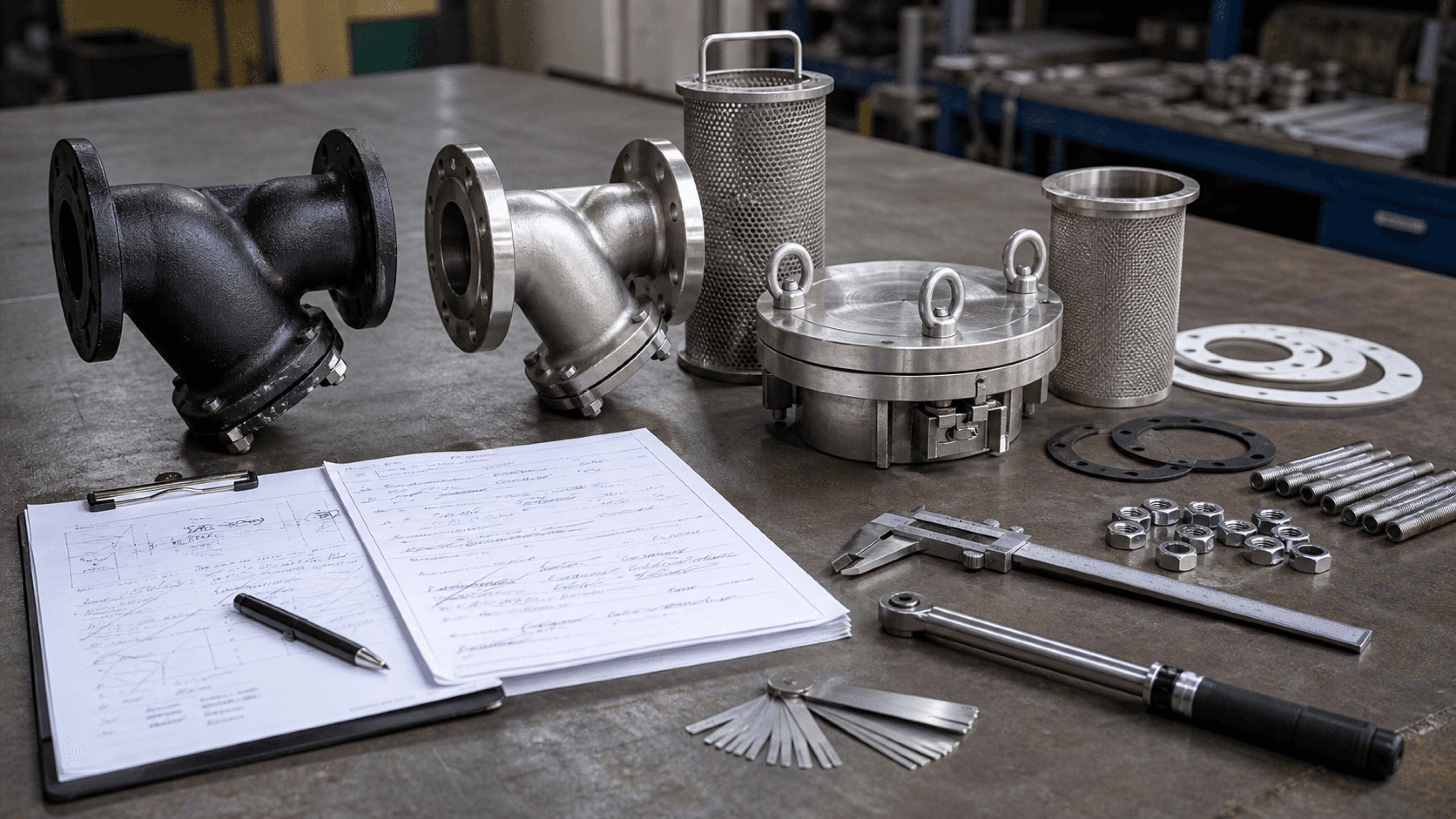 Cast iron and stainless Y-strainers, basket strainer cover, perforated screens, mesh baskets, flange gaskets, studs, nuts, calipers, thread gauge, and RFQ paperwork on an industrial workbench