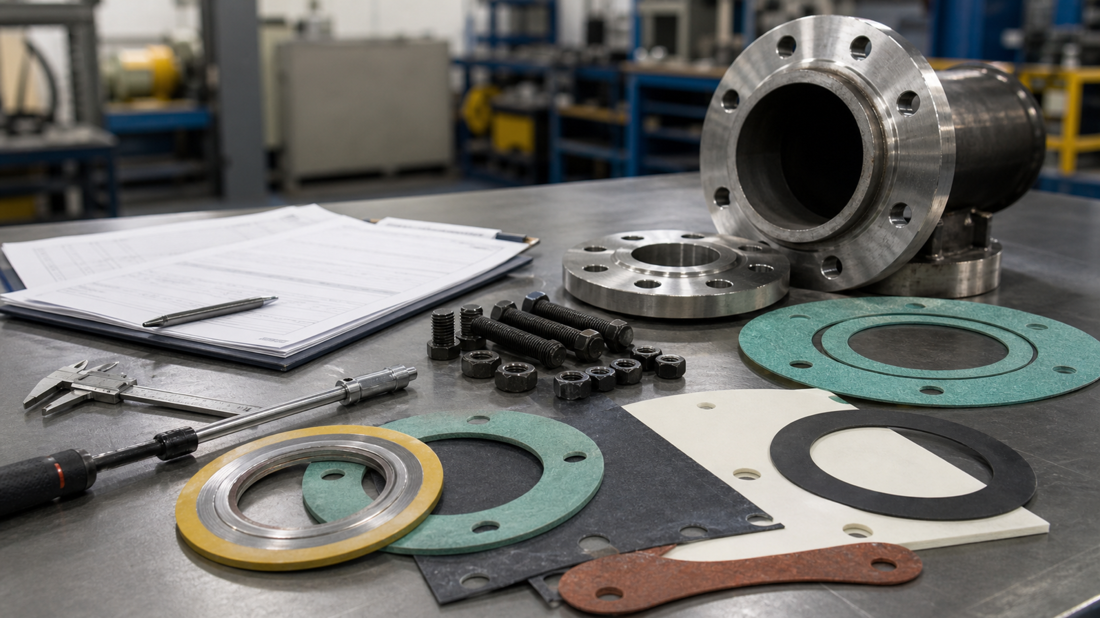 Industrial gasket materials, spiral wound gaskets, graphite and PTFE sheets, flange bolting, calipers, torque wrench, and RFQ paperwork on a maintenance workbench