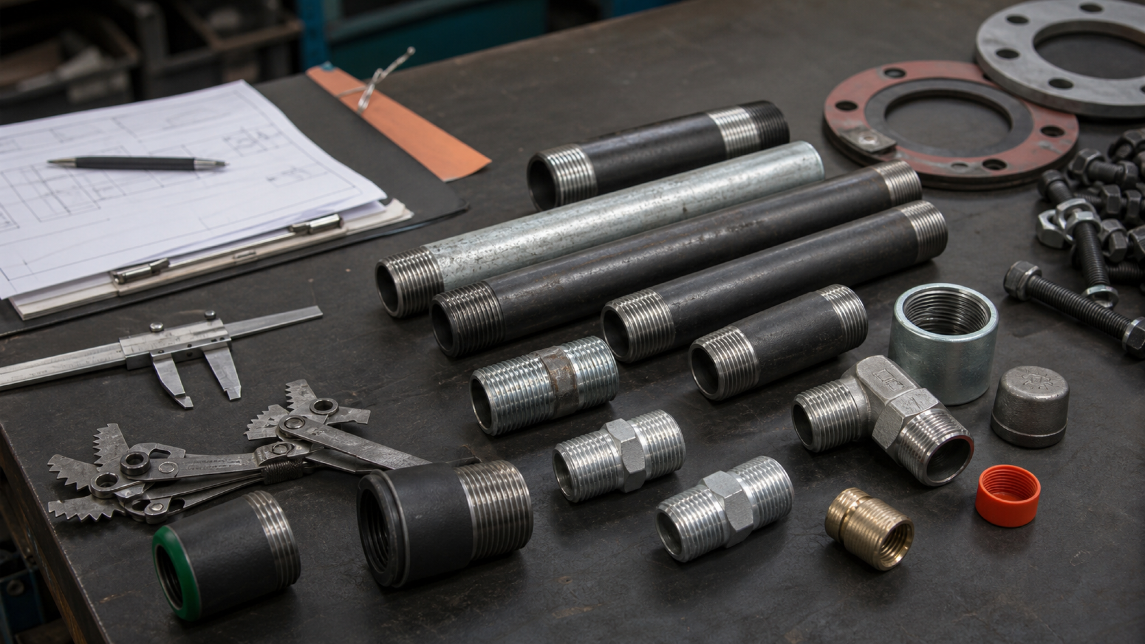 Black steel, galvanized, and stainless threaded pipe nipples, swage nipples, threaded spacers, couplings, calipers, pipe thread gauge, gasket, bolts, and RFQ paperwork on an industrial workbench